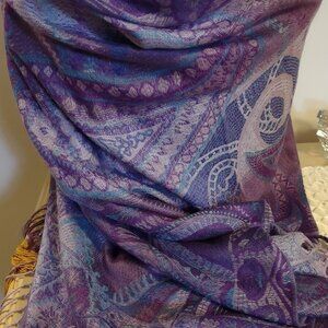 Pashmina Shawl Wrap Boho Scarf 27 x 68" Purple & Blue Pattern